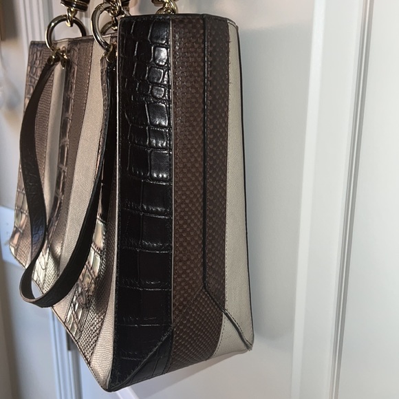 Henri Bendel multi textured striped satchel with chain link accents - Picture 8 of 16